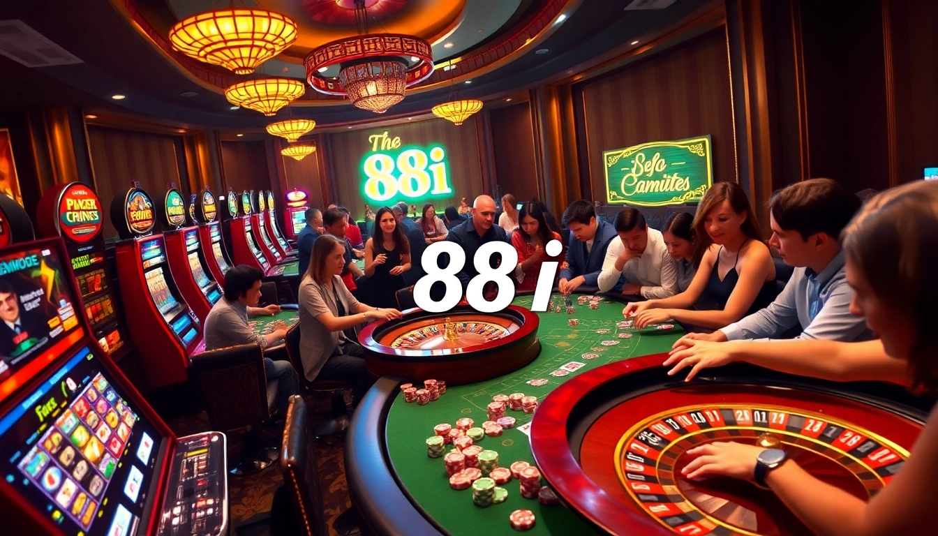 Gamblers engaging in high-stakes gameplay at a luxurious casino with 88i-themed decor.