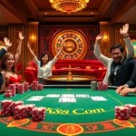Kp88.com players enjoying an exciting win at a luxurious casino poker table with vibrant chips and cards.