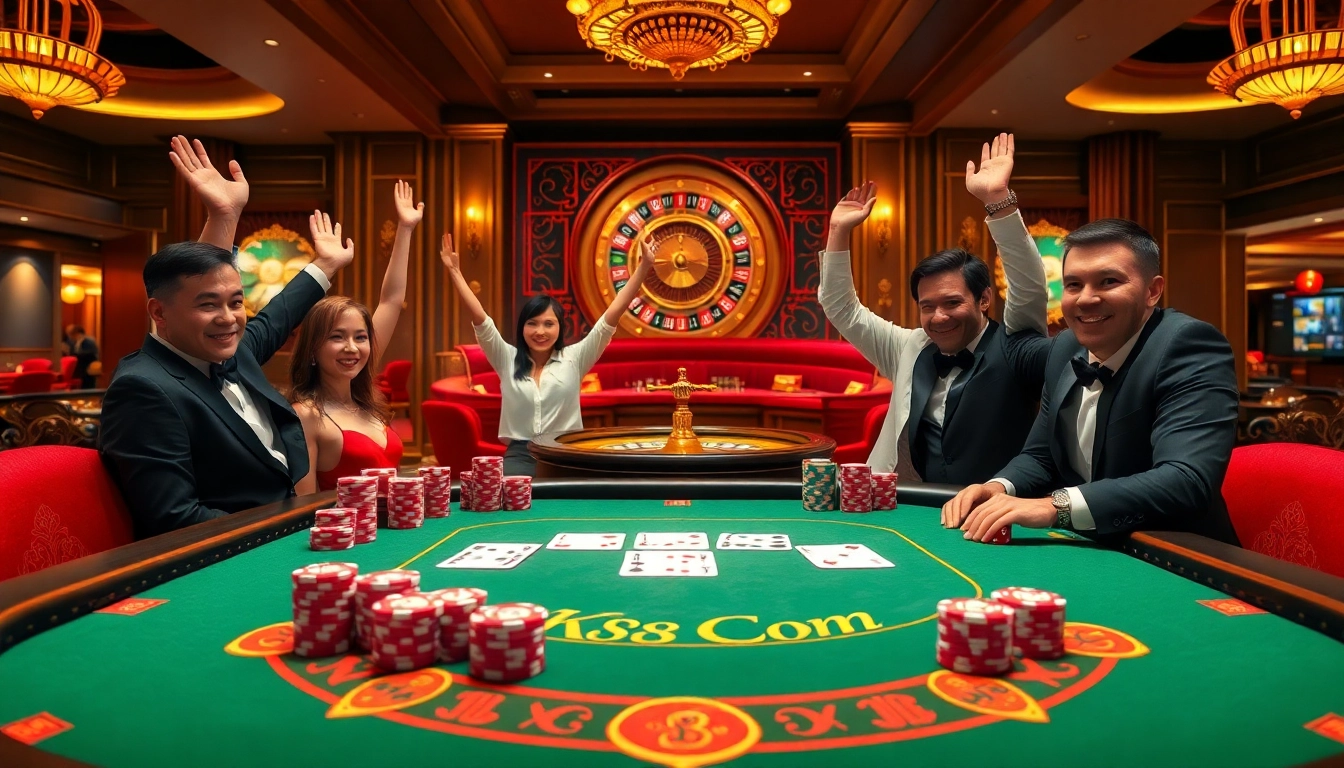 Kp88.com players enjoying an exciting win at a luxurious casino poker table with vibrant chips and cards.