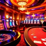 A gaming interface illustration featuring the luxurious atmosphere of gambling at https://www.5z7776.com/, highlighting roulette, slot machines, and poker.