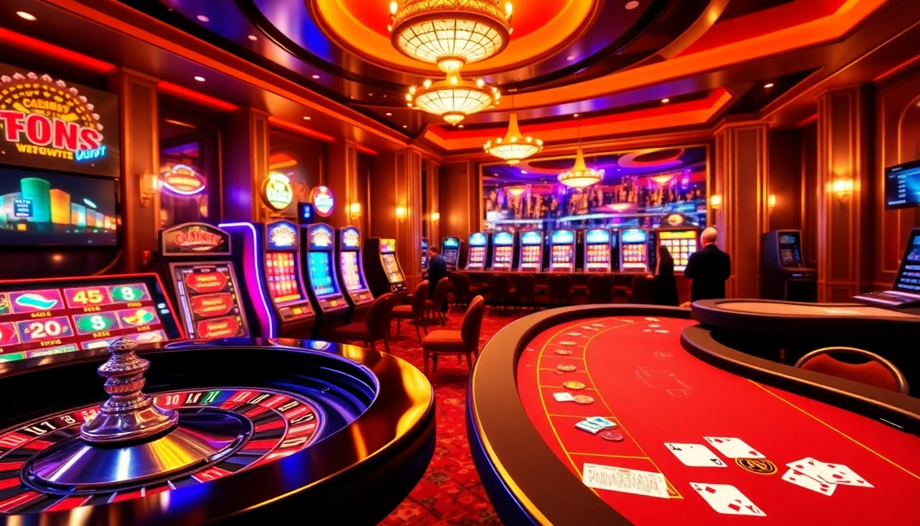 A gaming interface illustration featuring the luxurious atmosphere of gambling at https://www.5z7776.com/, highlighting roulette, slot machines, and poker.