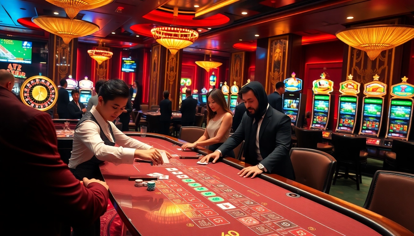 Players engrossed in high-stakes blackjack at uu88 casino, showcasing excitement and luxury.