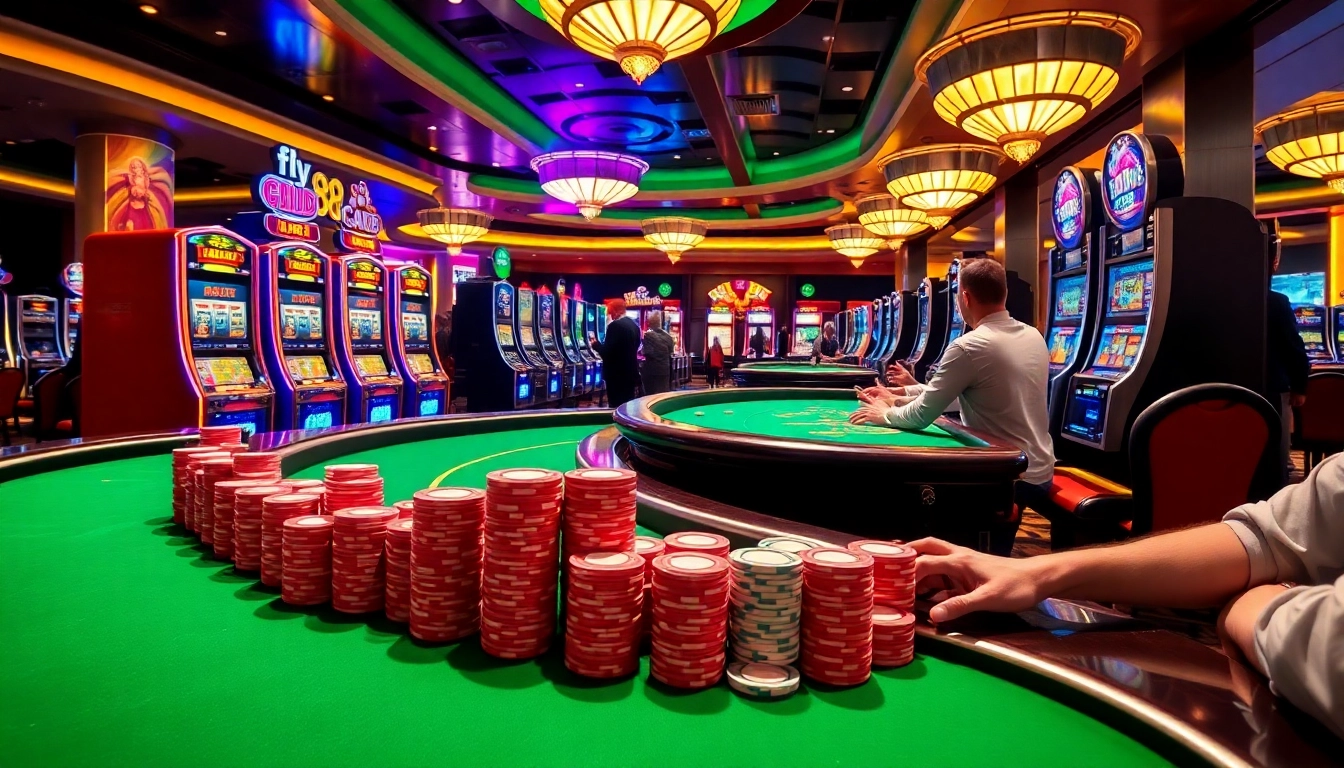 Fly88 elevates the gaming experience with vibrant casino tables and excited players.