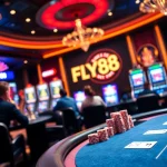 Experience the thrill of gambling at FLY88 with poker cards, chips, and roulette for high-stakes action.