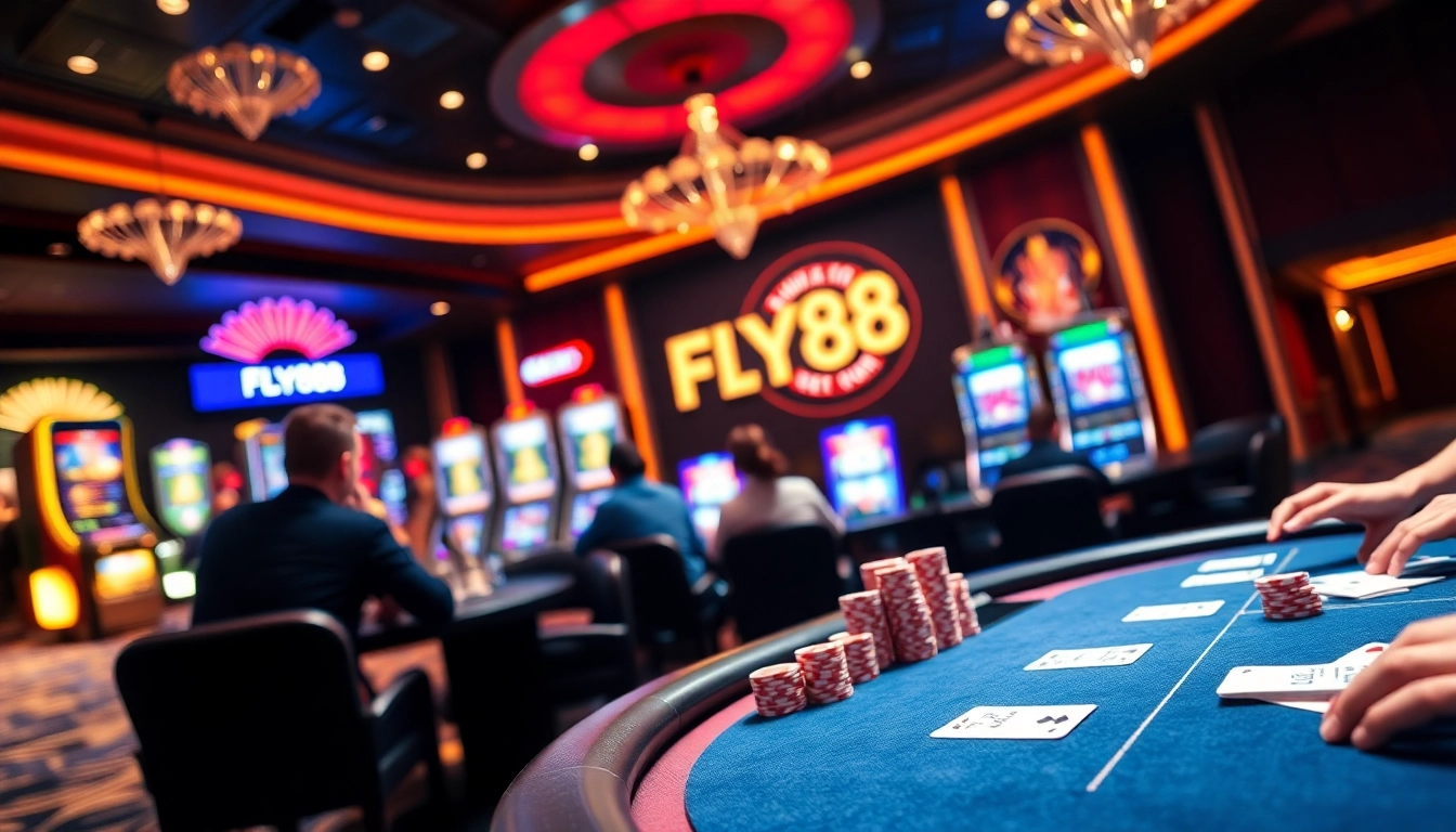 Experience the thrill of gambling at FLY88 with poker cards, chips, and roulette for high-stakes action.