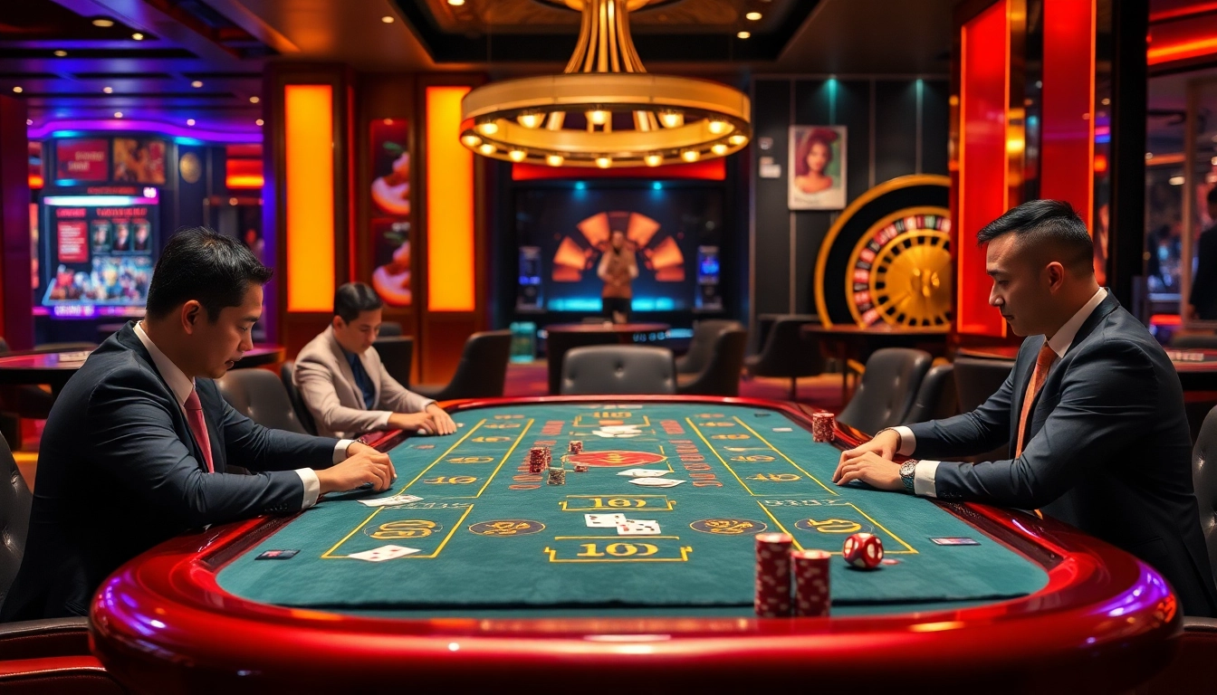Engaging game bài table in a luxurious casino atmosphere with cards and chips.