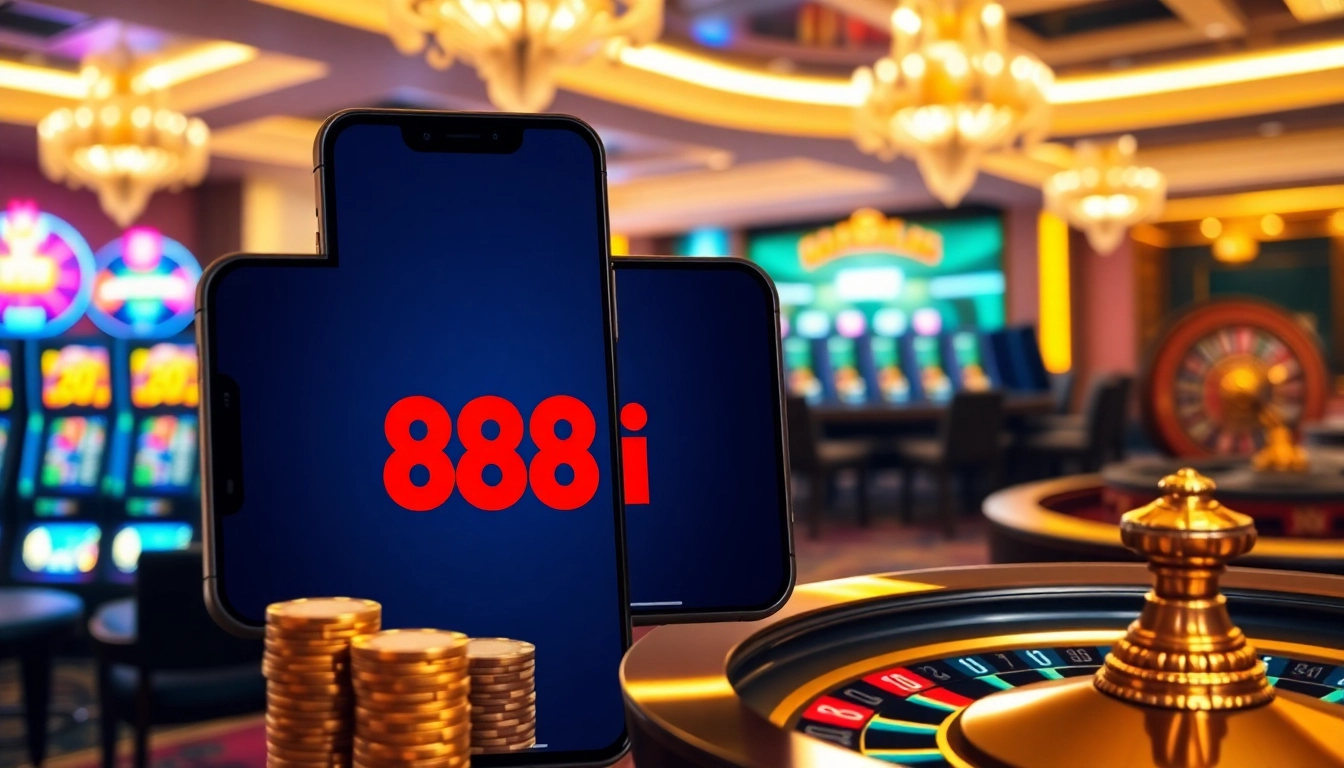Experience 88i đăng nhập with a luxurious online casino gaming scene featuring a smartphone and vibrant casino elements.