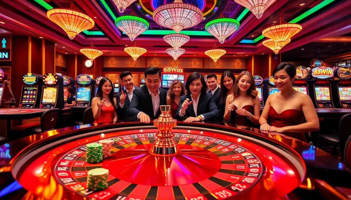 Excited players engaging in thrilling gameplay at 68WIN's vibrant casino tables.