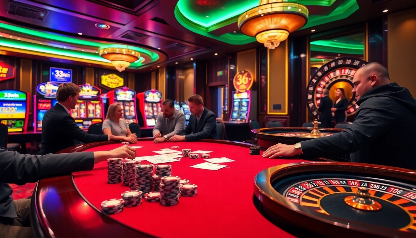 Engaging players at 33win casino table with poker chips and vibrant atmosphere.