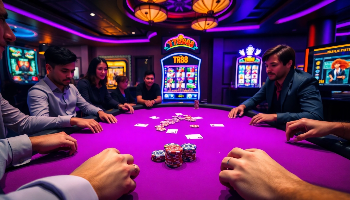 Players enjoying high-stakes poker with TR88 chips in a luxurious casino setting.