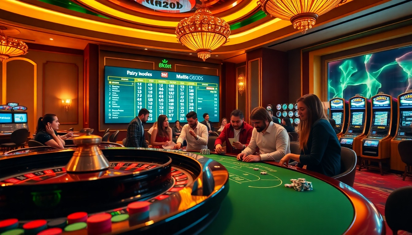 Players enjoying a vibrant 8kbett casino atmosphere with roulette and poker tables.
