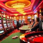 Experience the thrill of nk88 with vibrant slot machines and poker tables in a luxurious casino setting.