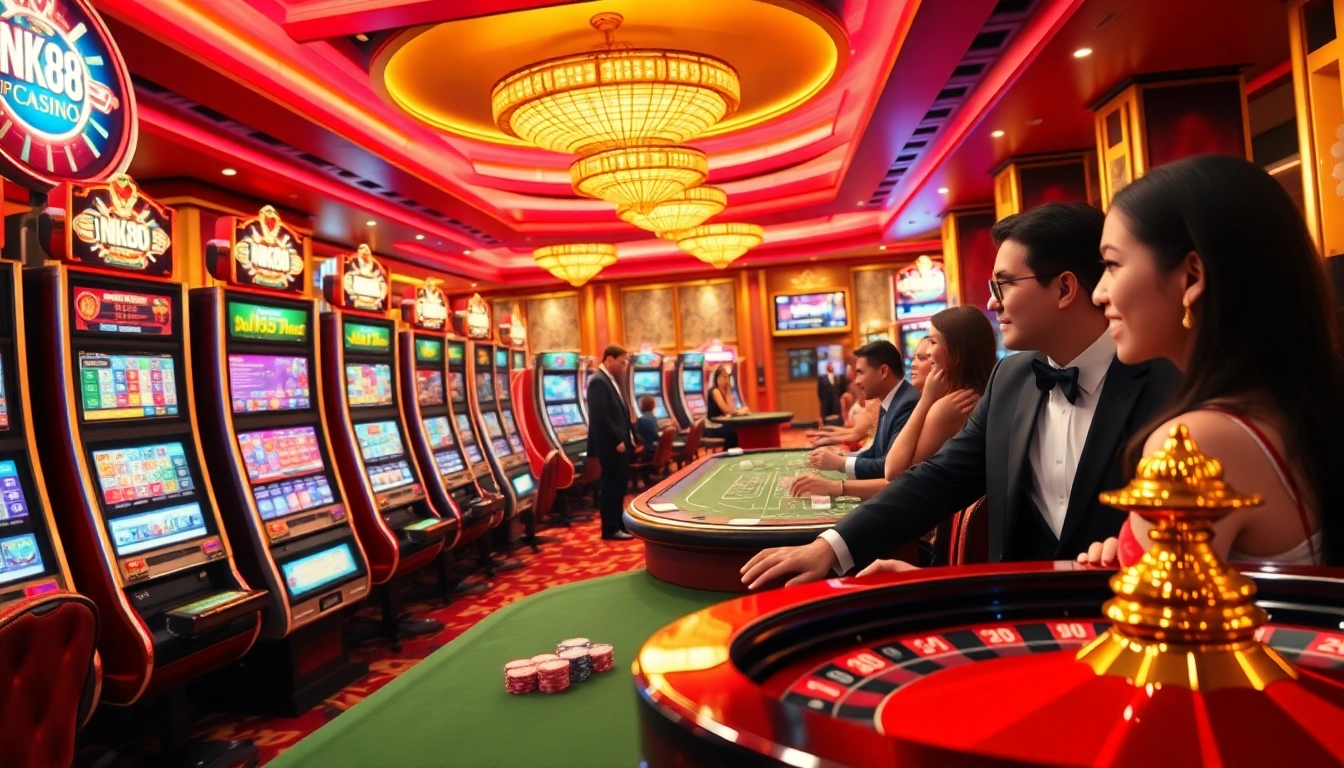 Experience the thrill of nk88 with vibrant slot machines and poker tables in a luxurious casino setting.