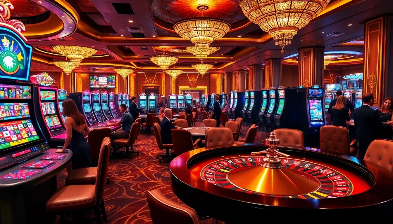 Players enjoying their time at AZ88 casino, showcasing poker tables and vibrant slot machines.