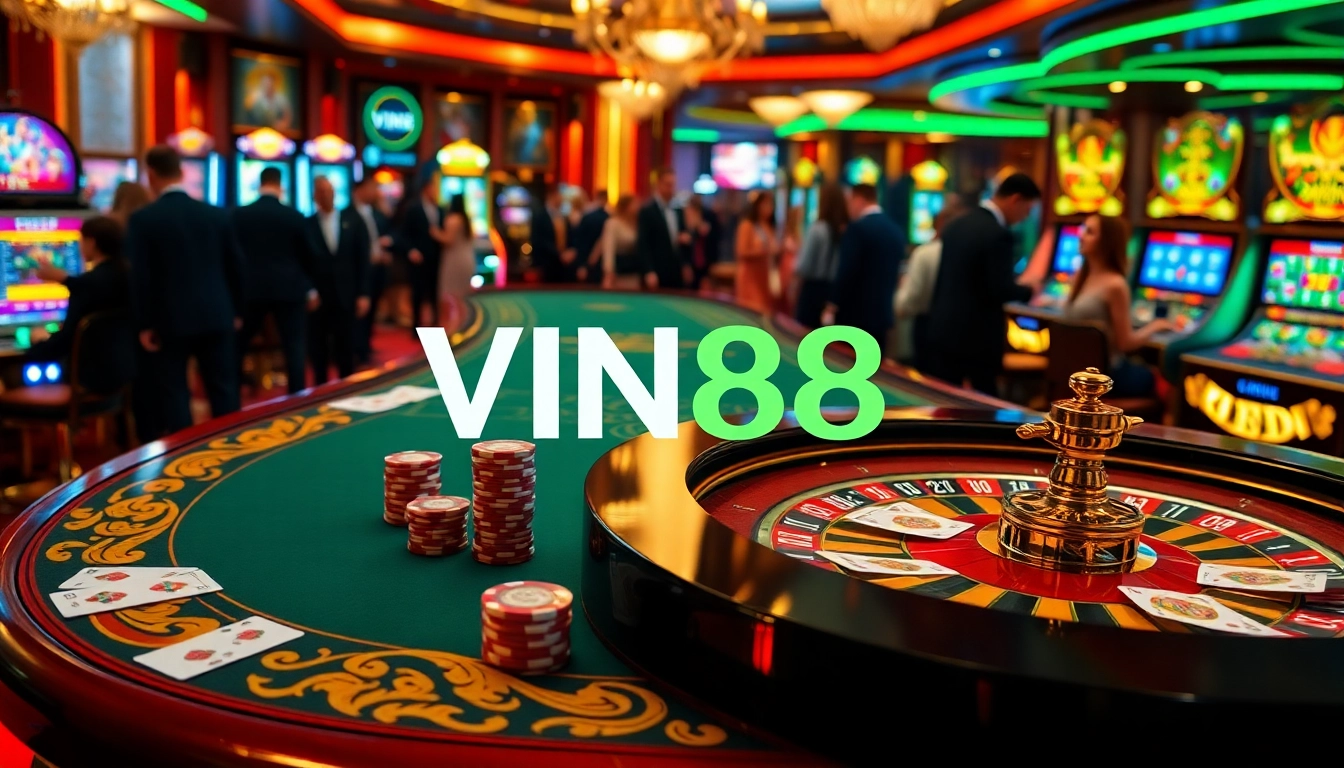 Experience the excitement of high-stakes gambling at VIN88 with vibrant casino visuals.
