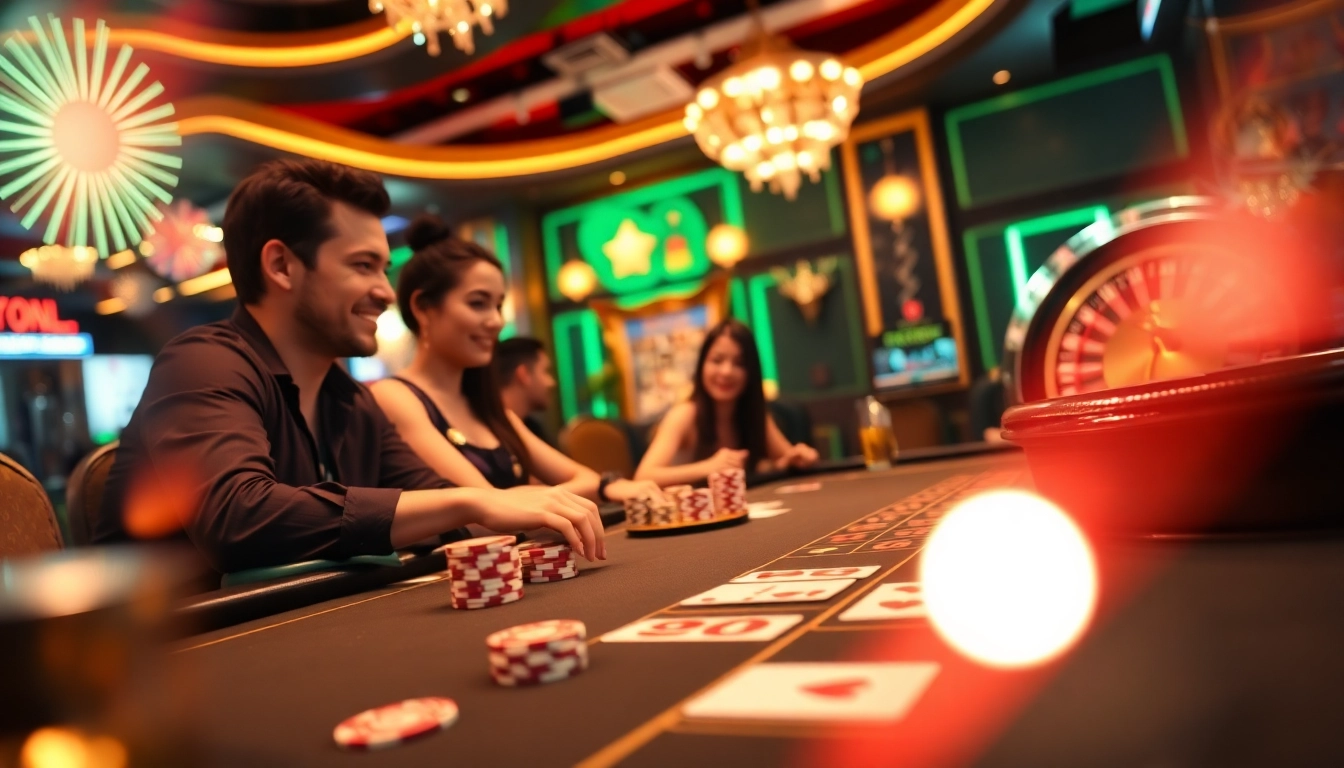 Players enjoy a thrilling poker game at a luxurious casino featuring link ok9 incentives, chips, and neon lights.
