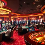 Experience the excitement of 789win at an upscale casino scene with vibrant gaming tables and slot machines.