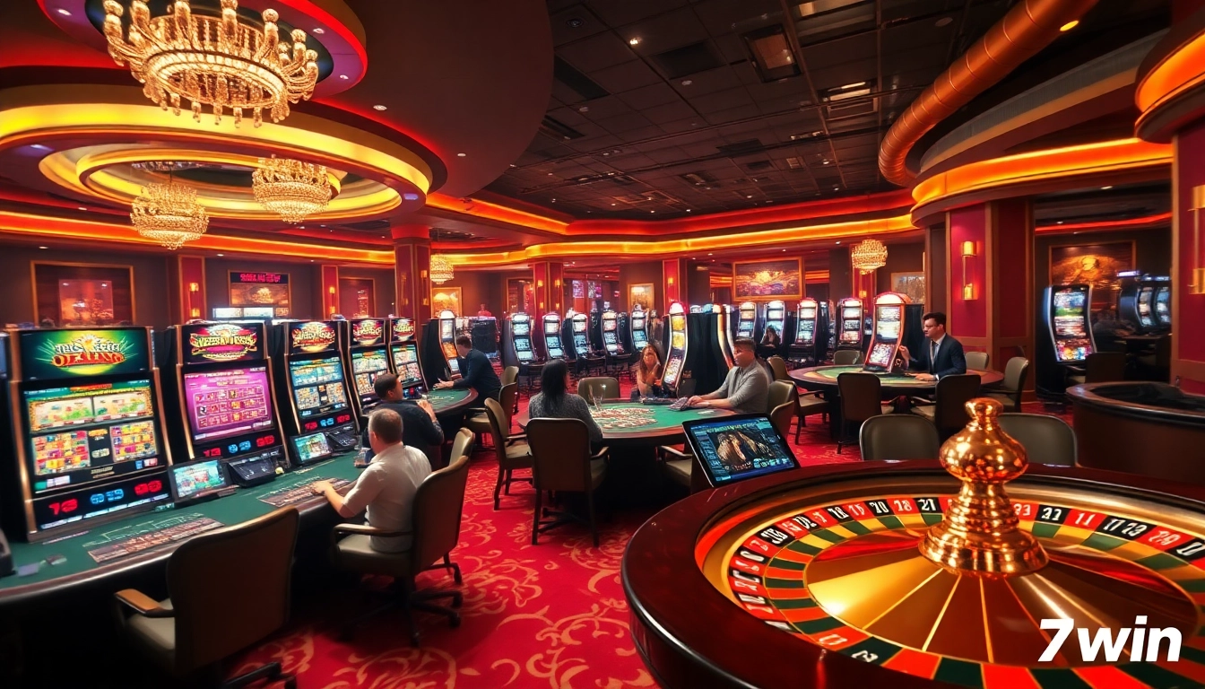 Experience the excitement of 789win at an upscale casino scene with vibrant gaming tables and slot machines.