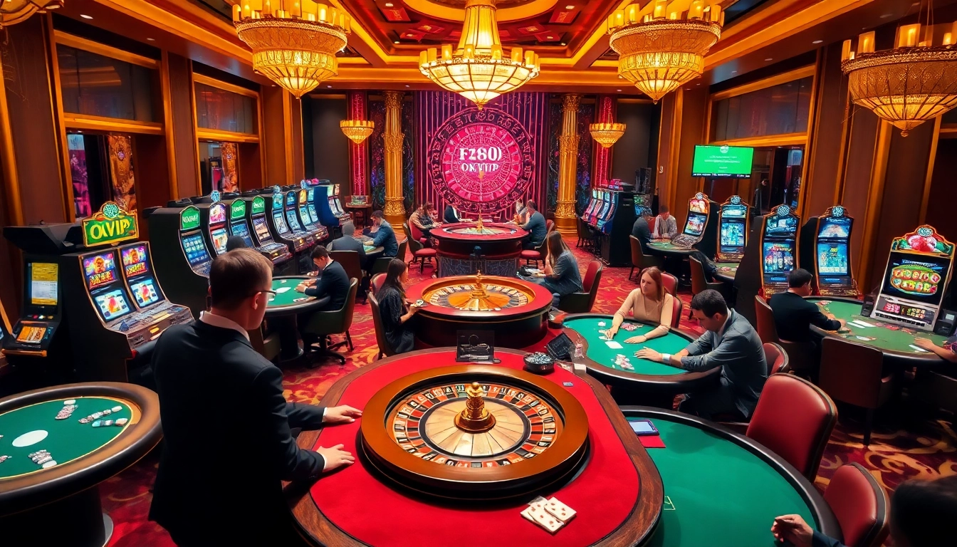 Players engaging with F168 OKVIP themed casino tables in a vibrant setting full of excitement.