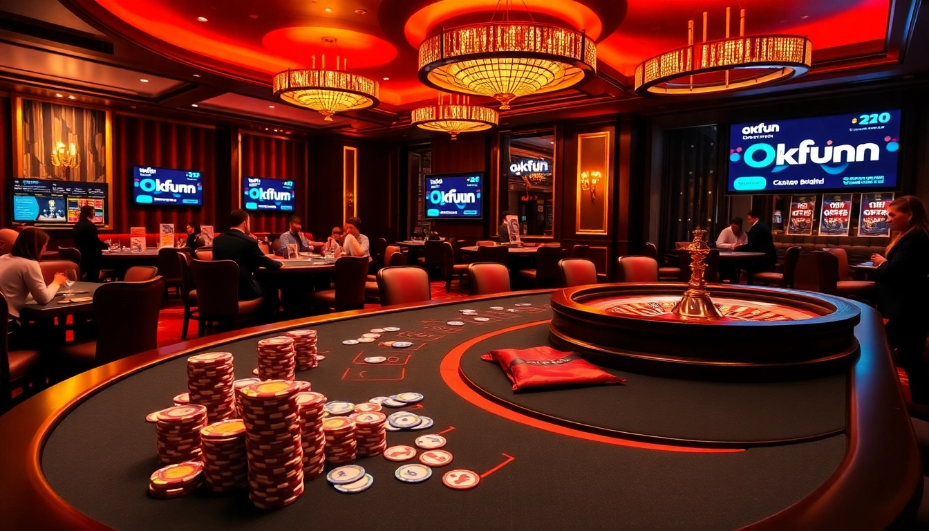 Betting at an upscale casino table featuring okfun, poker chips, and cards in action.