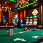 Players enjoying poker at GO8 casino, surrounded by vibrant chips and a roulette wheel.