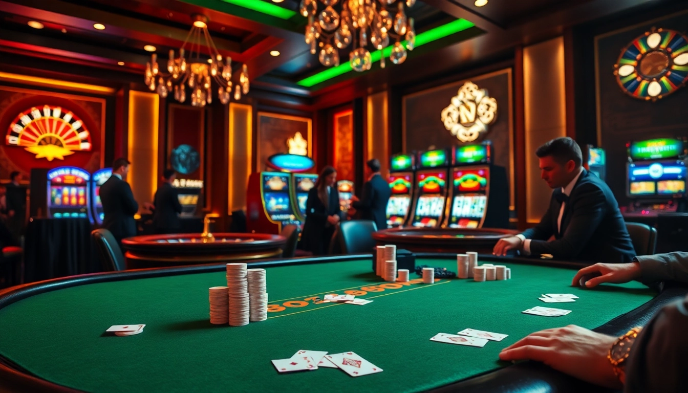 Players enjoying poker at GO8 casino, surrounded by vibrant chips and a roulette wheel.