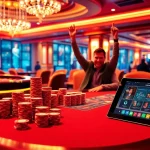 Players celebrating a win at the VMAX poker table, surrounded by casino excitement and vibrant colors.
