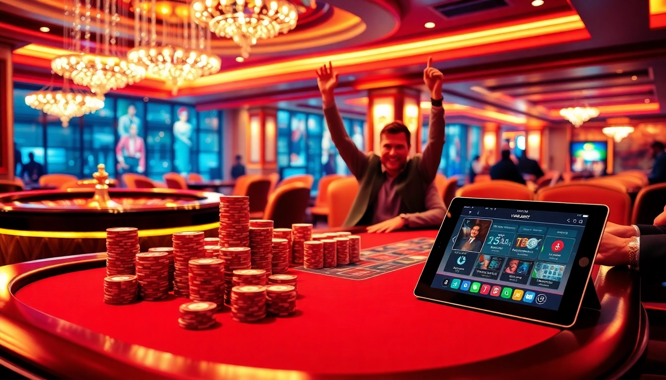 Players celebrating a win at the VMAX poker table, surrounded by casino excitement and vibrant colors.