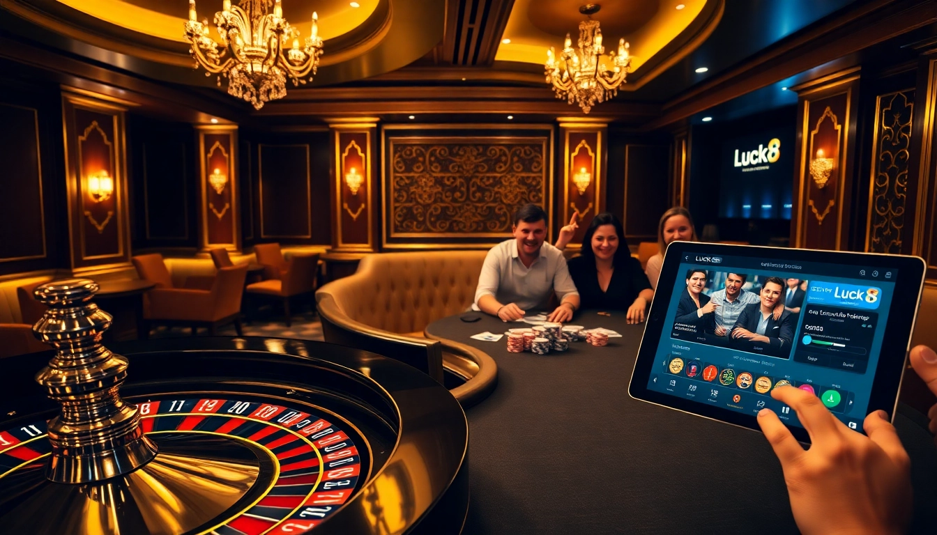 Excited players engaging in gambling activities at Luck8 casino, highlighting winning moments and vibrant casino elements.