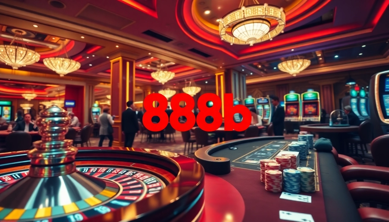 Engaged players enjoying luxury gaming at 888b casino with roulette, poker, and slot machines.