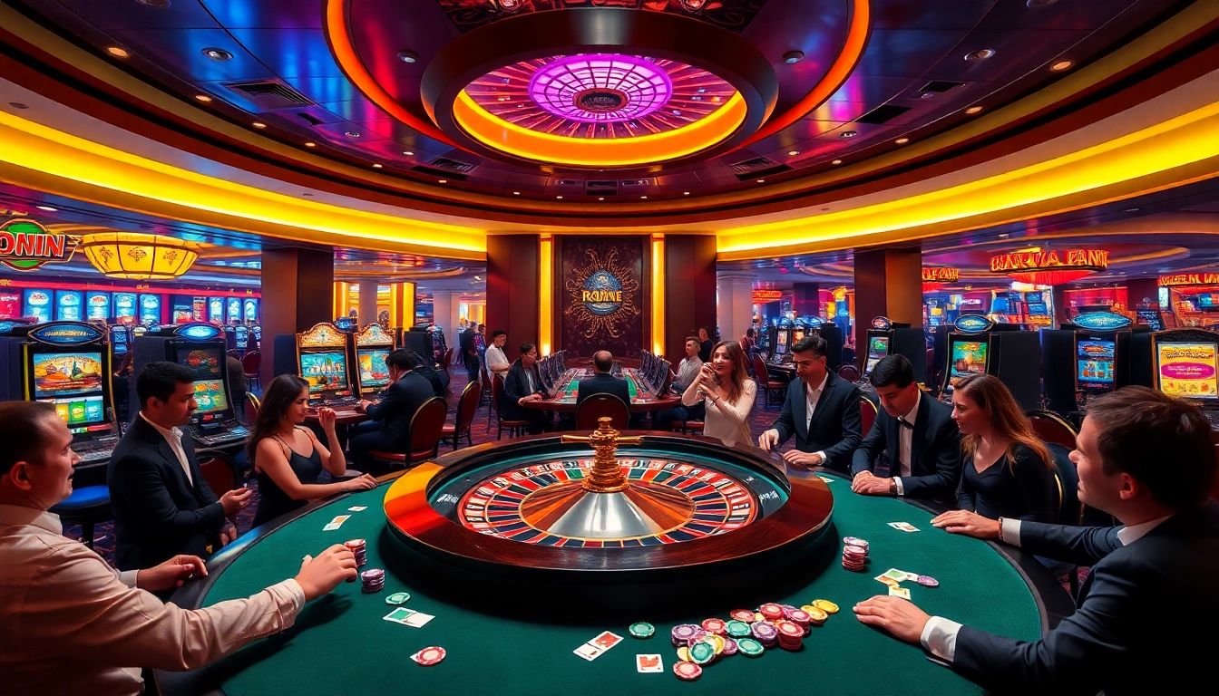 Experience the excitement of RR88 with players engaging at a vibrant casino scene.