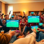 Fans enjoying a football match through https://vaoluoitv.it.com, celebrating with snacks and devices in a lively living room.