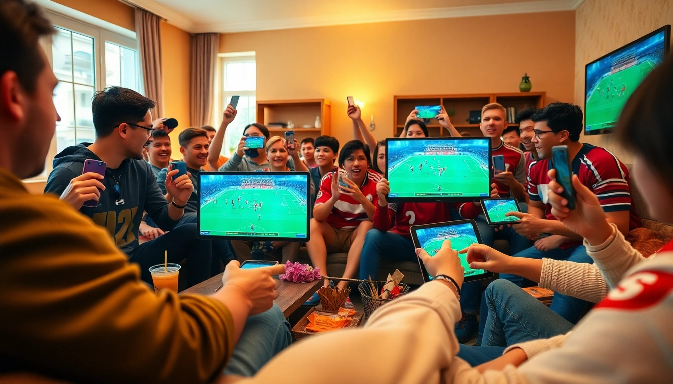 Fans enjoying a football match through https://vaoluoitv.it.com, celebrating with snacks and devices in a lively living room.