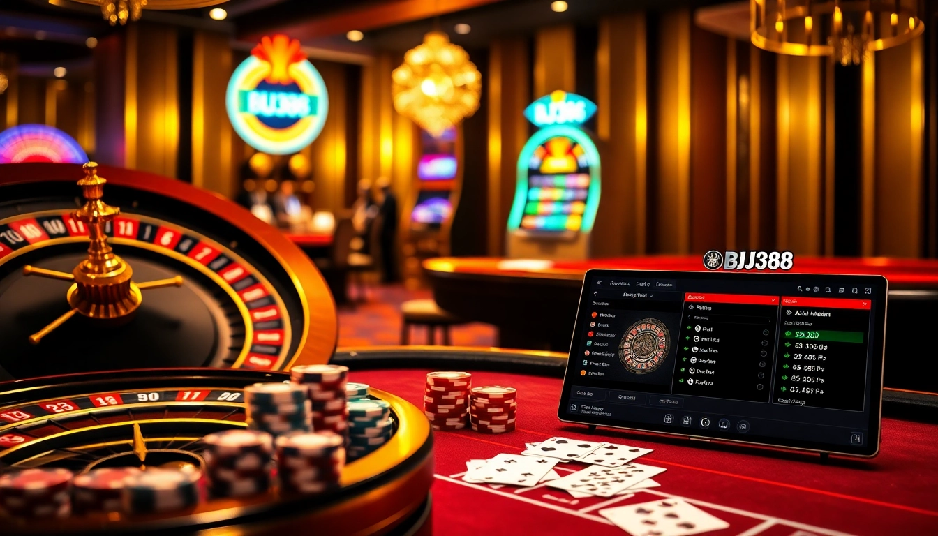 BJ388 offers an exciting online gambling experience with luxurious casino tables and vibrant roulette wheels.