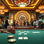 MM88 online gamblers enjoying poker and roulette in a vibrant casino setting.