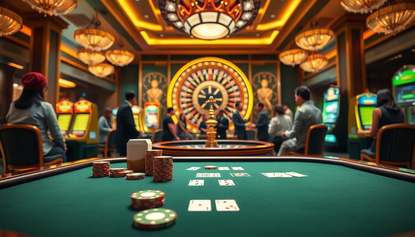 MM88 online gamblers enjoying poker and roulette in a vibrant casino setting.