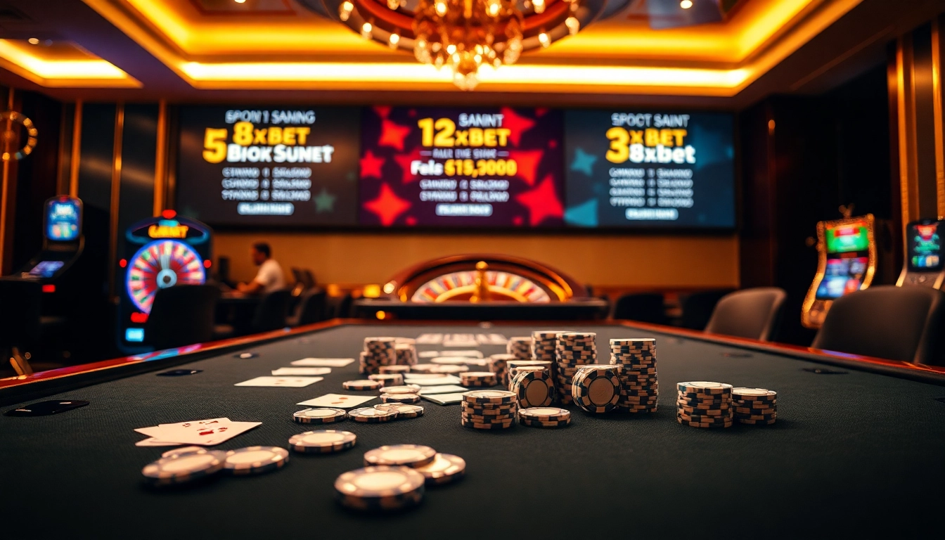 Experience the excitement at 8xbet with this lavish gaming scene featuring poker chips and a roulette wheel.