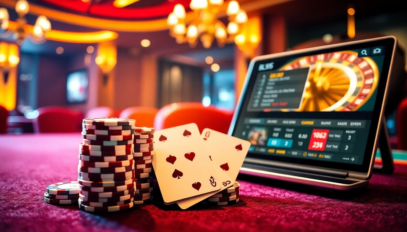 Engaging scene of online gambling at trang BL555 chính thức with poker chips and a roulette wheel.