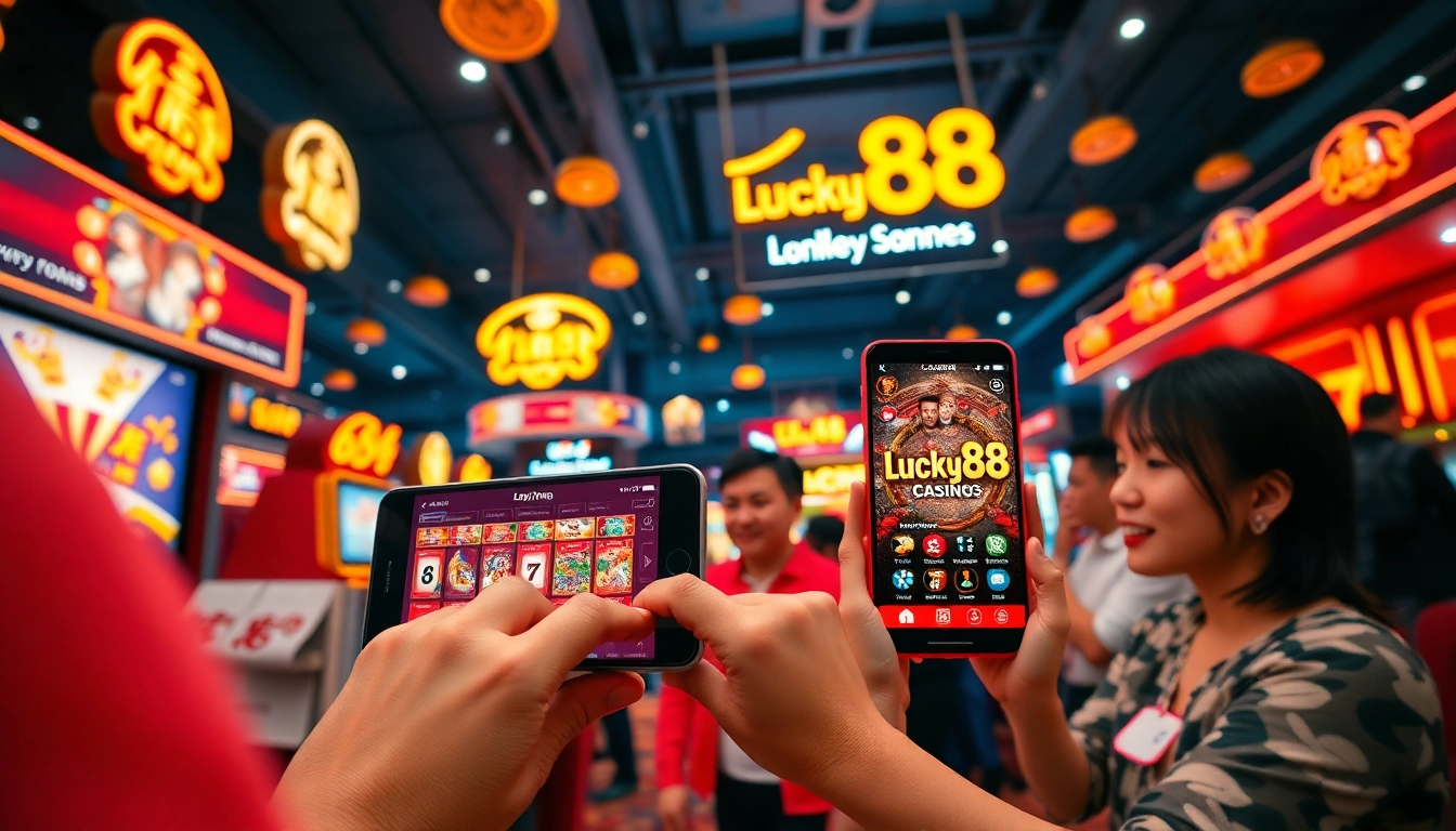 Exciting Lucky88 gaming scene with diverse players and modern digital interface