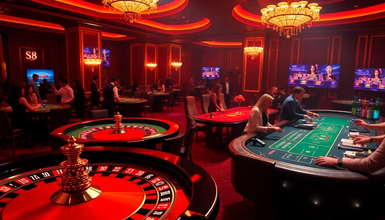 Engage in thrilling gameplay at S8 with a vibrant casino scene featuring roulette and cards.
