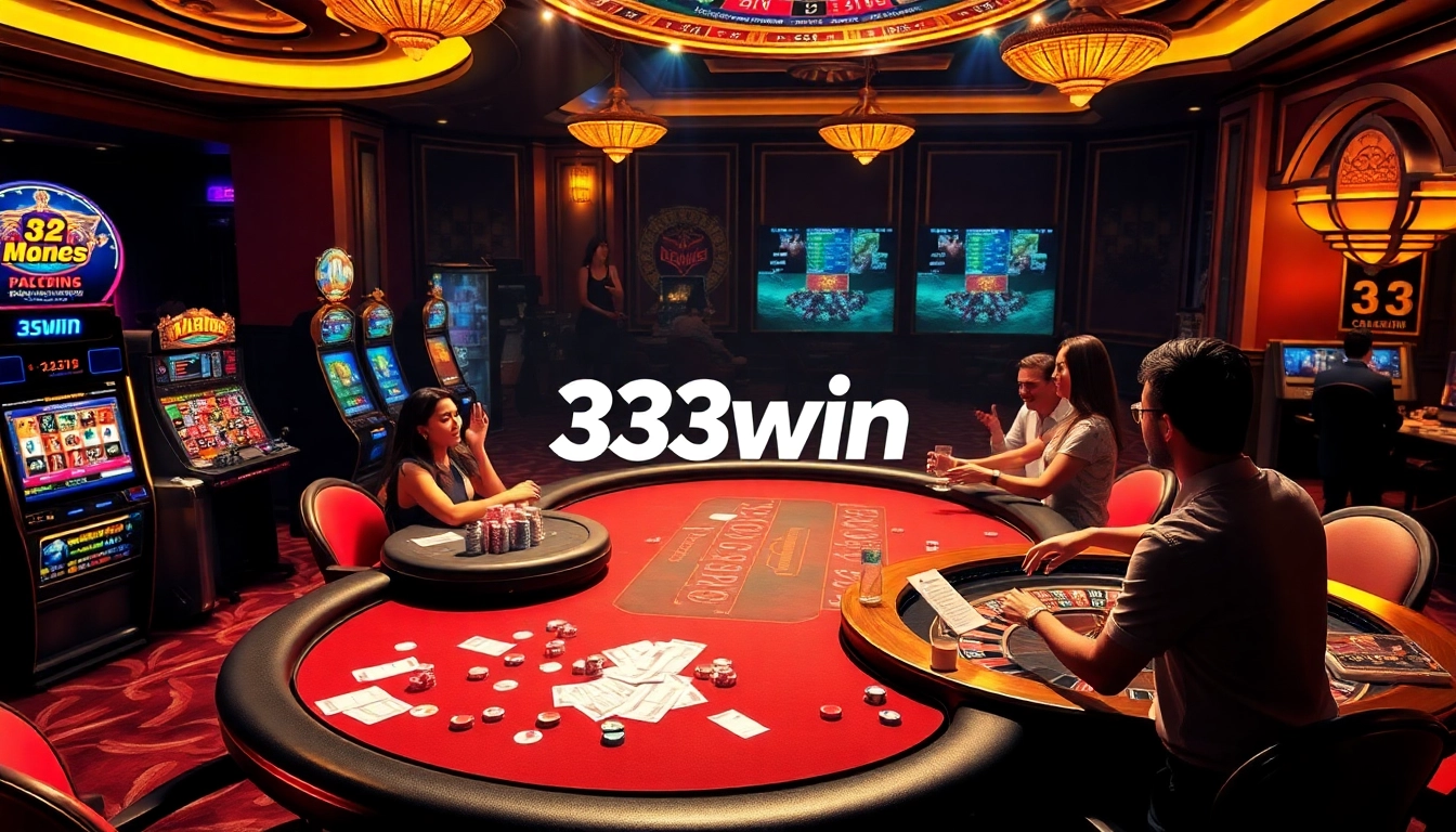 The vibrant online casino experience at 33win with players enjoying exciting games and luxury decor.