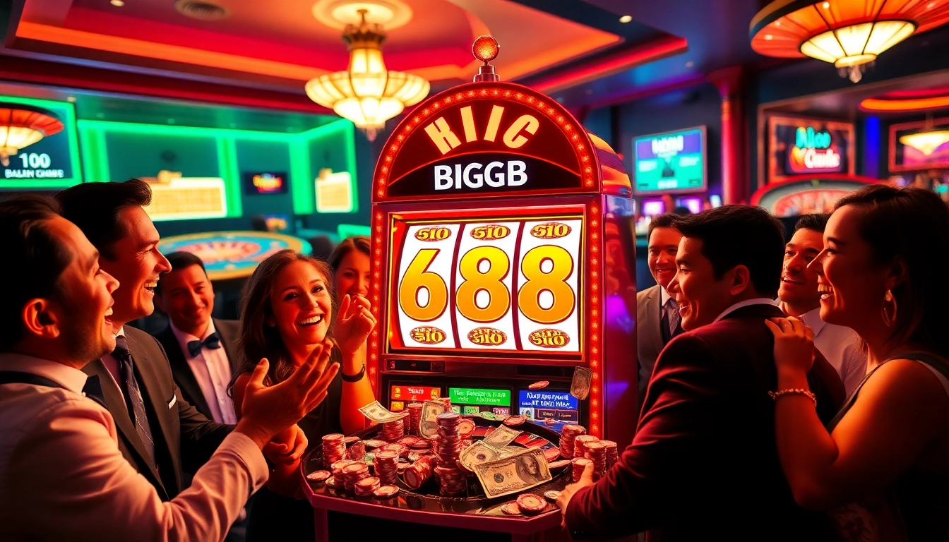 Players enjoying the thrilling Big88 slot machine experience in a luxurious casino setting.