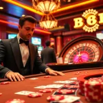 33BD casino scene with luxurious poker table, vibrant chips, and professional dealer.