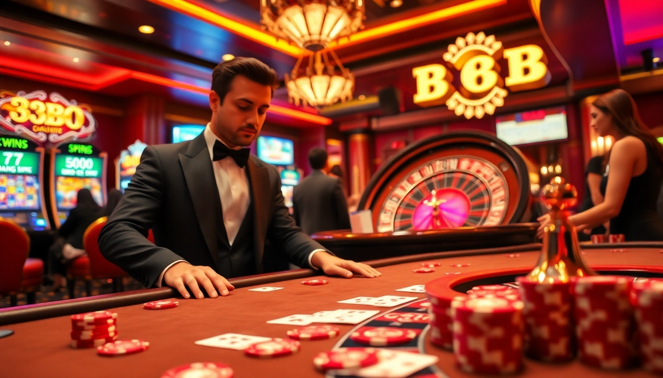 33BD casino scene with luxurious poker table, vibrant chips, and professional dealer.