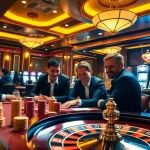 Experience thrilling gambling action at 39bet with a stylish casino scene featuring poker tables and roulette wheels.
