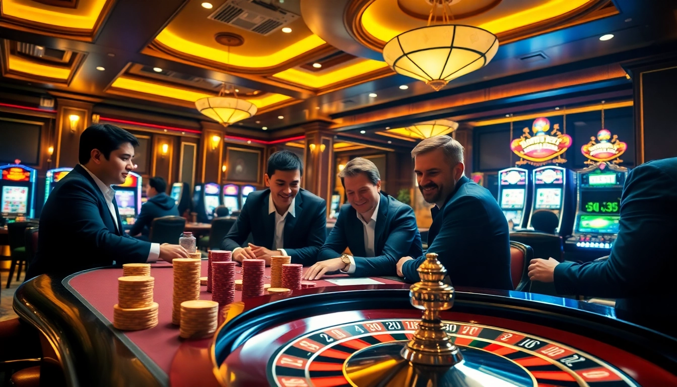 Experience thrilling gambling action at 39bet with a stylish casino scene featuring poker tables and roulette wheels.