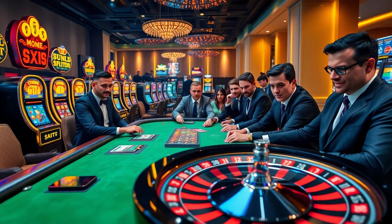 High-stakes Fly88 poker game with luxury tables and vibrant slot machines