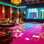 Experience the thrill of gambling at 388bet with an exciting casino scene featuring poker chips and a roulette wheel.