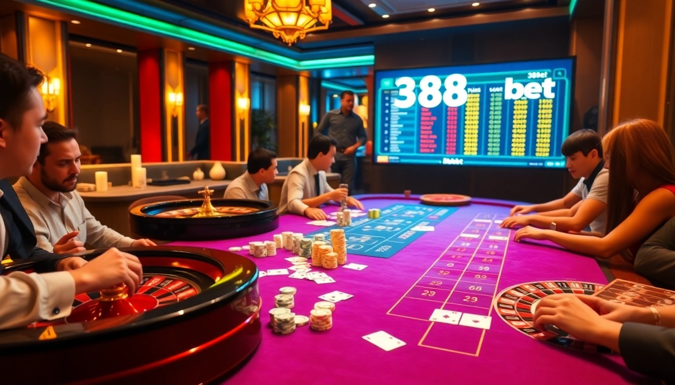 Experience the thrill of gambling at 388bet with an exciting casino scene featuring poker chips and a roulette wheel.