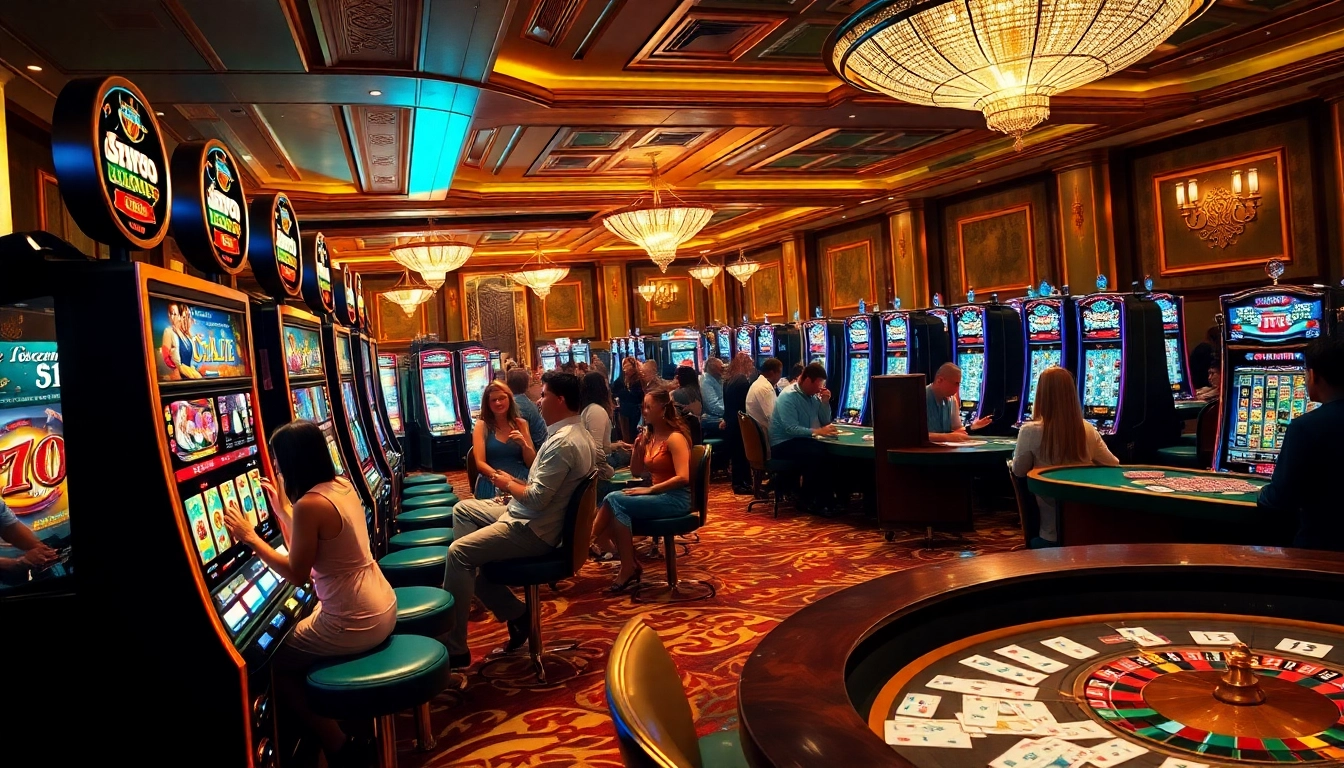 Experience thrilling slot action at https://www.slots899.com/ with vibrant players and elegant casino decor.